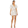 Fashion Trend Floral Embellished Padded Shoulders Puff Sleeves Deep Neckline Elegant Ladies Mini Dress