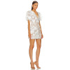 Fashion Trend Floral Embellished Padded Shoulders Puff Sleeves Deep Neckline Elegant Ladies Mini Dress