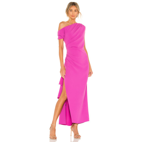 Elegant One Shoulder Style Side Slit Ruffled Hem Ruffled Crepe Fabric Ladies Long Dress