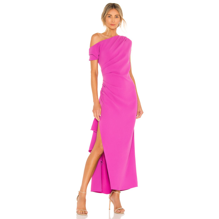 Elegant One Shoulder Style Side Slit Ruffled Hem Ruffled Crepe Fabric Ladies Long Dress