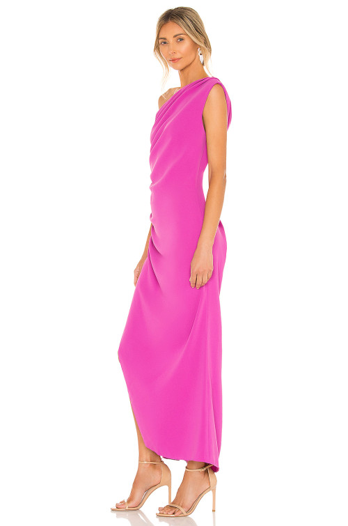 Elegant One Shoulder Style Side Slit Ruffled Hem Ruffled Crepe Fabric Ladies Long Dress