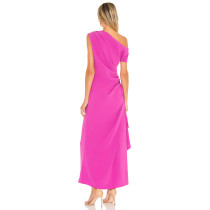 Elegant One Shoulder Style Side Slit Ruffled Hem Ruffled Crepe Fabric Ladies Long Dress