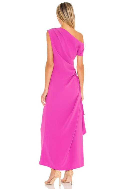 Elegant One Shoulder Style Side Slit Ruffled Hem Ruffled Crepe Fabric Ladies Long Dress