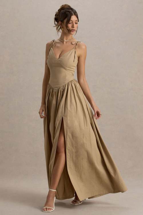 Customized High Quality Elegant Side split V neck Camisole Sexy Woman's Maxi Dress
