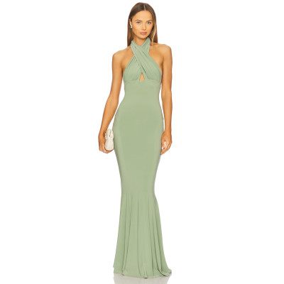 Elegant Slip on Style Halter Strap Medium Weight Slimming Plain Weave Fabric Ladies Long Dress