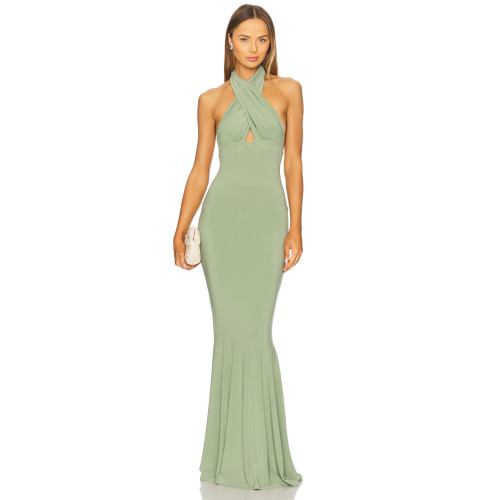 Elegant Slip on Style Halter Strap Medium Weight Slimming Plain Weave Fabric Ladies Long Dress
