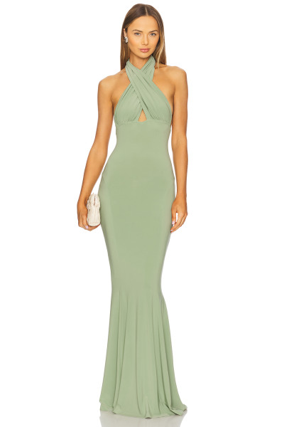 Elegant Slip on Style Halter Strap Medium Weight Slimming Plain Weave Fabric Ladies Long Dress