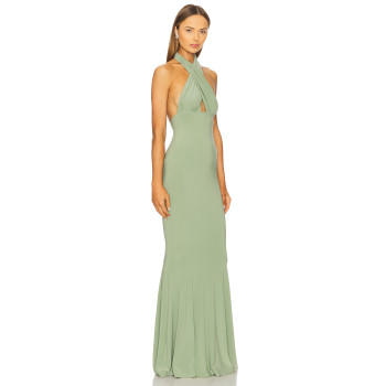 Elegant Slip on Style Halter Strap Medium Weight Slimming Plain Weave Fabric Ladies Long Dress