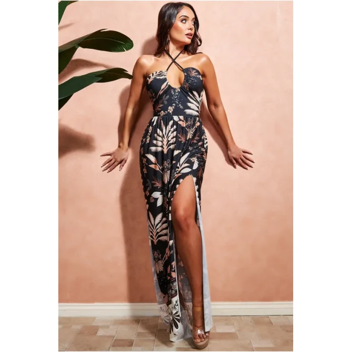 Sexy Fashion Women's Dress Halter Open Back Tight Waist High Slit Floral Print Casual Dress