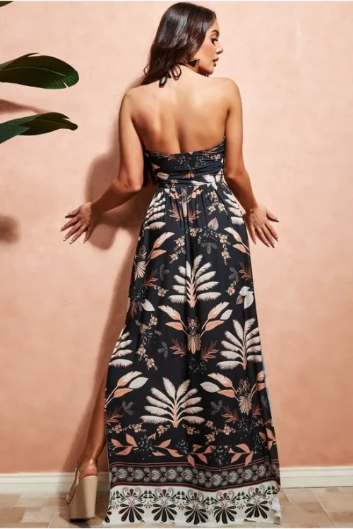 Sexy Fashion Women's Dress Halter Open Back Tight Waist High Slit Floral Print Casual Dress