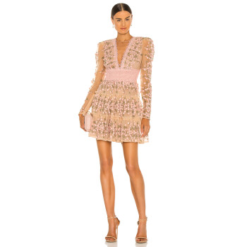 Ladies' Deep V Neck Long Sleeve Tulle Fabric Pink Floral Applique Ruffled Hem Mini Dress