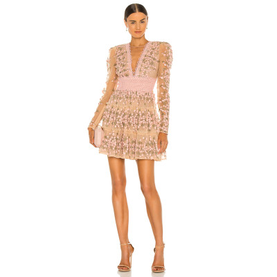 Ladies' Deep V Neck Long Sleeve Tulle Fabric Pink Floral Applique Ruffled Hem Mini Dress