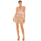 Ladies' Deep V Neck Long Sleeve Tulle Fabric Pink Floral Applique Ruffled Hem Mini Dress