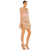 Ladies' Deep V Neck Long Sleeve Tulle Fabric Pink Floral Applique Ruffled Hem Mini Dress