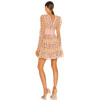 Ladies' Deep V Neck Long Sleeve Tulle Fabric Pink Floral Applique Ruffled Hem Mini Dress