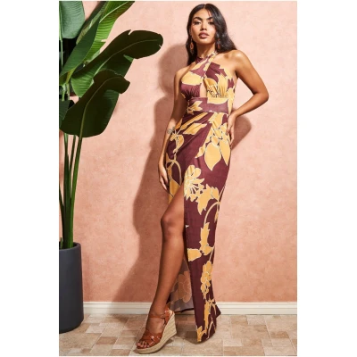 Elegant Sexy Halter  Open Back Tight Waist High Slit Floral Print Cut Out Evening Dress