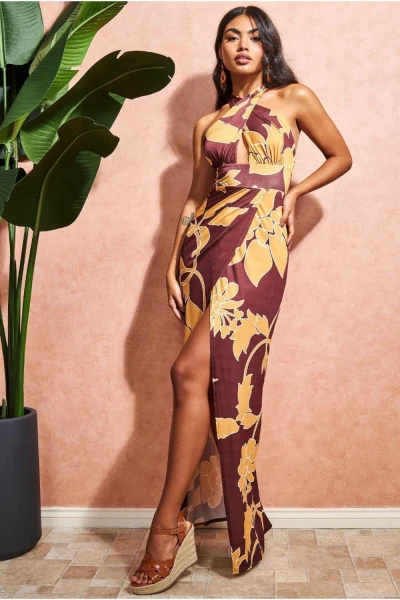 Elegant Sexy Halter  Open Back Tight Waist High Slit Floral Print Cut Out Evening Dress