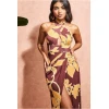 Elegant Sexy Halter  Open Back Tight Waist High Slit Floral Print Cut Out Evening Dress