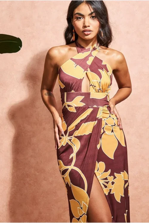 Elegant Sexy Halter  Open Back Tight Waist High Slit Floral Print Cut Out Evening Dress