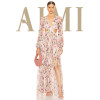 Romantic Long sleeve Breathable Side split Flowy Waist Cut out Floral print Woman's Maxi Dress