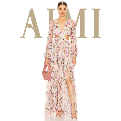 Romantic Long sleeve Breathable Side split Flowy Waist Cut out Floral print Woman's Maxi Dress