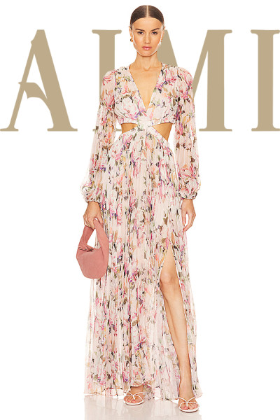 Romantic Long sleeve Breathable Side split Flowy Waist Cut out Floral print Woman's Maxi Dress