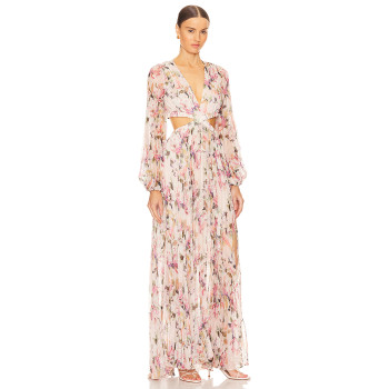 Romantic Long sleeve Breathable Side split Flowy Waist Cut out Floral print Woman's Maxi Dress