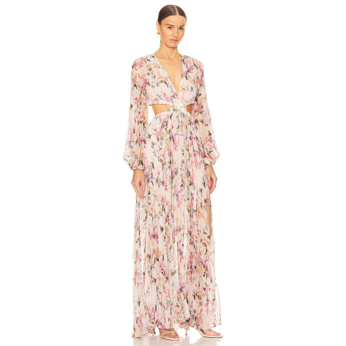 Romantic Long sleeve Breathable Side split Flowy Waist Cut out Floral print Woman's Maxi Dress