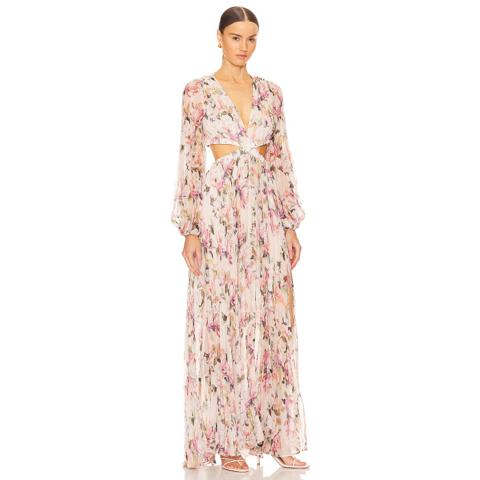 Romantic Long sleeve Breathable Side split Flowy Waist Cut out Floral print Woman's Maxi Dress