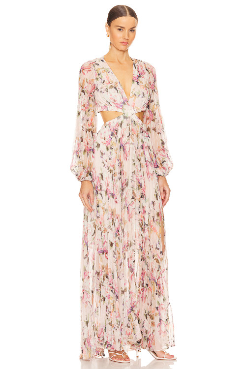 Romantic Long sleeve Breathable Side split Flowy Waist Cut out Floral print Woman's Maxi Dress