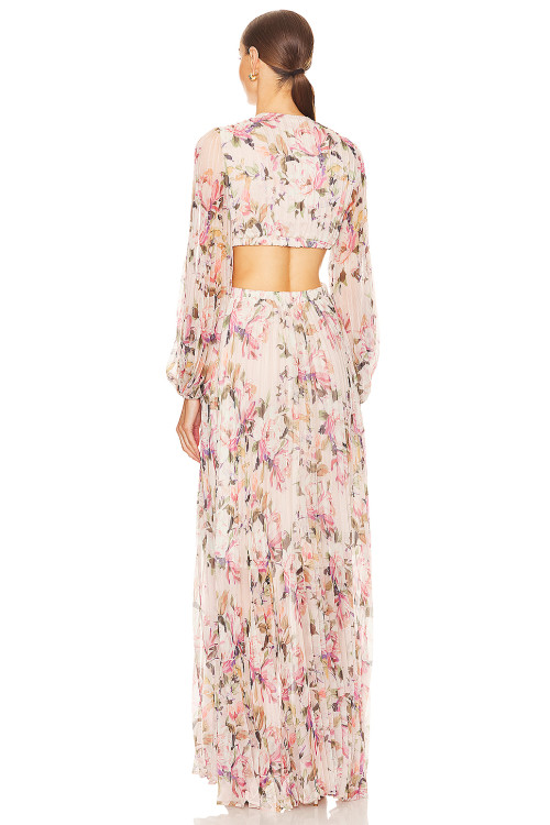 Romantic Long sleeve Breathable Side split Flowy Waist Cut out Floral print Woman's Maxi Dress