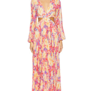 Romantic Long sleeve Breathable Side split Flowy Waist Cut out Floral print Woman's Maxi Dress