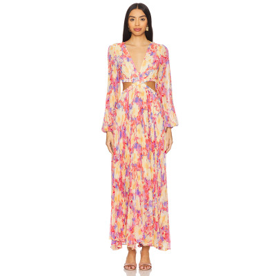 Romantic Long sleeve Breathable Side split Flowy Waist Cut out Floral print Woman's Maxi Dress