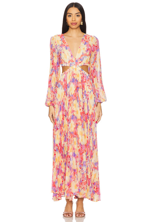 Romantic Long sleeve Breathable Side split Flowy Waist Cut out Floral print Woman's Maxi Dress