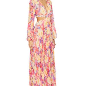 Romantic Long sleeve Breathable Side split Flowy Waist Cut out Floral print Woman's Maxi Dress