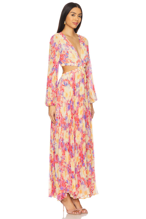 Romantic Long sleeve Breathable Side split Flowy Waist Cut out Floral print Woman's Maxi Dress