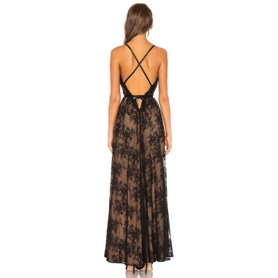 Lacy Delicate Intricate Exquisite GlamorousSide split Elegant Deep V neck Cross strapped Long Dress