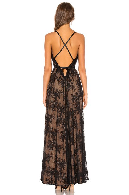Lacy Delicate Intricate Exquisite GlamorousSide split Elegant Deep V neck Cross strapped Long Dress