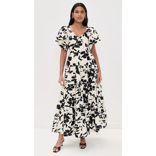 2025 New Fashion Elegant V-Neck Short Puff Sleeves High Waist Floral Print Women Dress