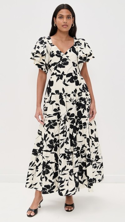 2025 New Fashion Elegant V-Neck Short Puff Sleeves High Waist Floral Print Women Dress
