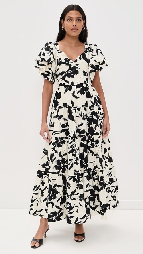2025 New Fashion Elegant V-Neck Short Puff Sleeves High Waist Floral Print Women Dress