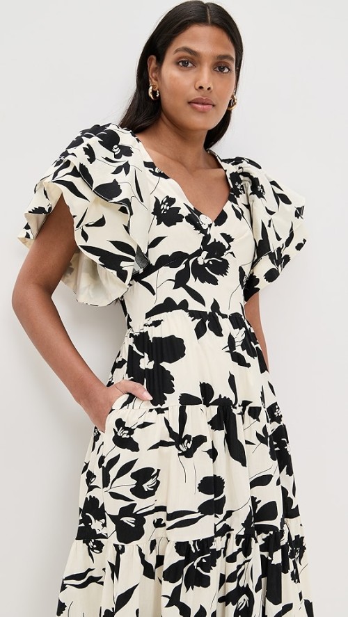 2025 New Fashion Elegant V-Neck Short Puff Sleeves High Waist Floral Print Women Dress