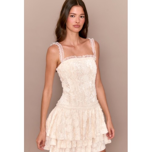 Romantic Sweet Dainty Lacy Ruffled Square neck Charming Graceful Mini Dress