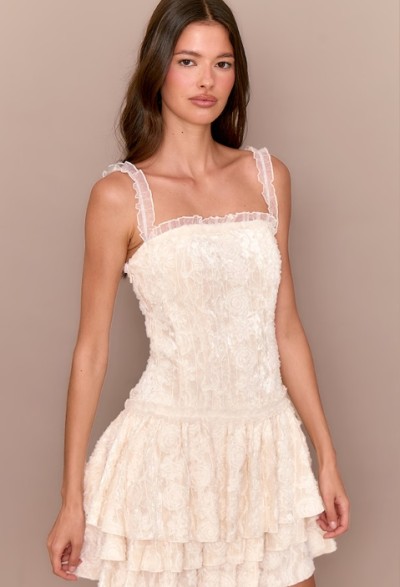 Romantic Sweet Dainty Lacy Ruffled Square neck Charming Graceful Mini Dress