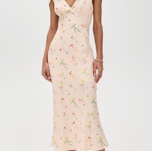 Cute Women Summer V-Neck Open Back Slim Tight Waist Cocktail Print  Casual Dress