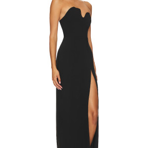 Elegant Strapless Black Gown with Dramatic High Slit U shaped Wire Neckline Design Maxi Dress