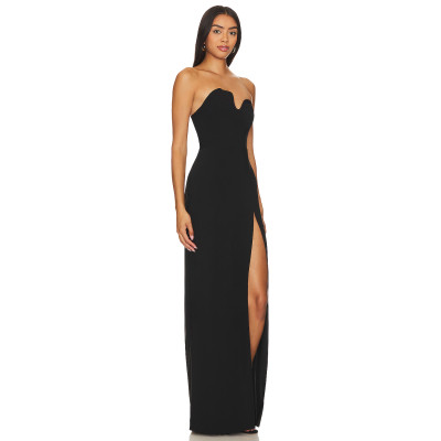 Elegant Strapless Black Gown with Dramatic High Slit U shaped Wire Neckline Design Maxi Dress