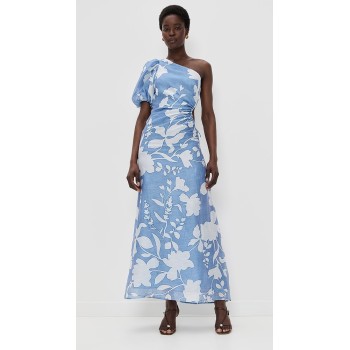 Elegant Women One Shoulder Ruffle Tight Waist Cut Out Floral Print Casual Dress