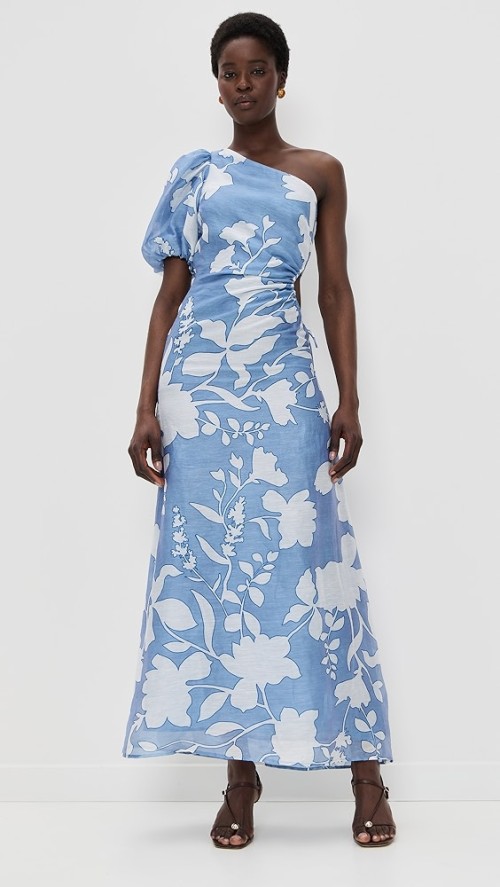Elegant Women One Shoulder Ruffle Tight Waist Cut Out Floral Print Casual Dress