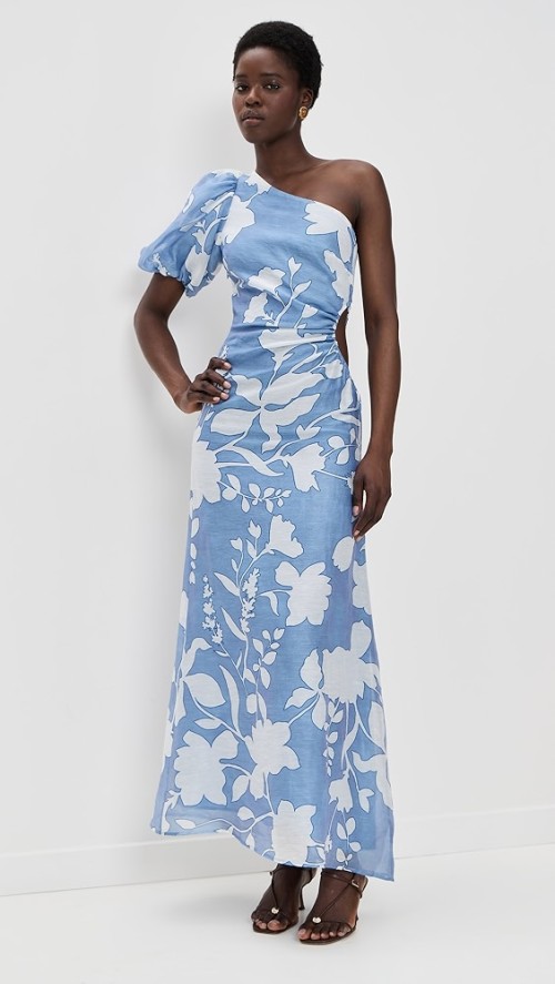 Elegant Women One Shoulder Ruffle Tight Waist Cut Out Floral Print Casual Dress